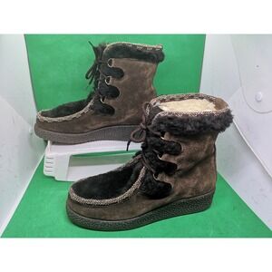 Woodbridge Brown Suede Leather Faux Fur Trim Boho Wedge Heel Ankle Boots Sz 8 39